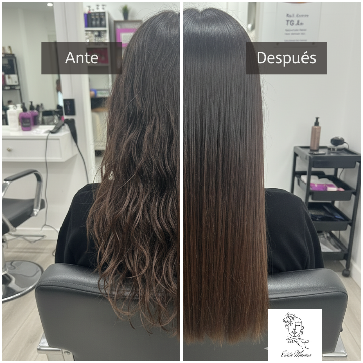 Alisado brasileño pelo rizado en peluqueria Sants Barcelona antes y después.